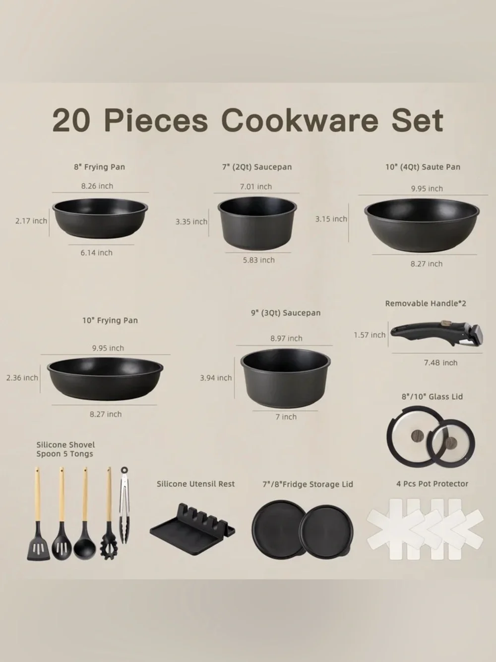 Astercook 20-Piece Pots and Pans Set, Nonstick Cookware Set black